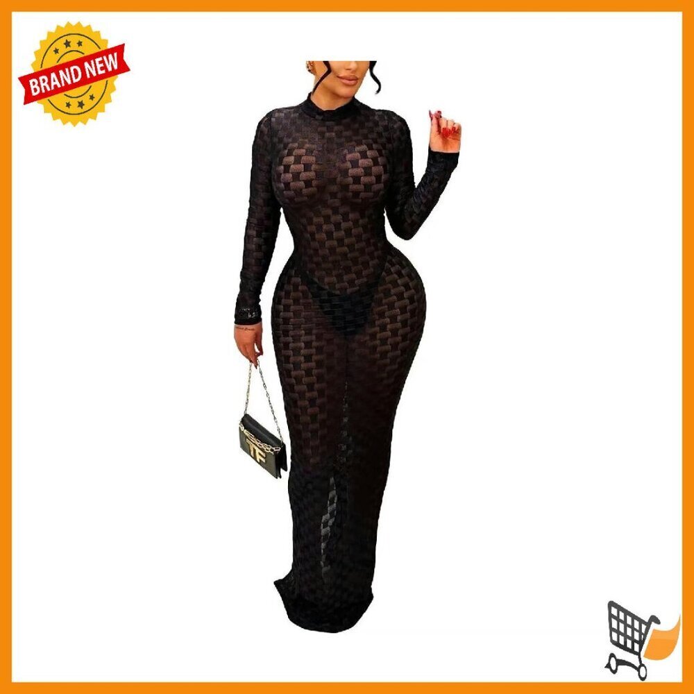 Women's Long Sleeve Turtleneck Maxi Dress Mesh Bodycon Party Club